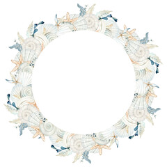 Wreath of beige sea shells, stars and seaweed watercolor illustration isolated on white background. Hand drawn ocean clams clipart for marine and seaside designs in monochrome pastel colors