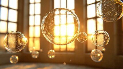   A chandelier hangs from the ceiling and is illuminated by sunlight streaming through the window panes