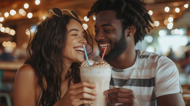 African American black man sharing milkshake at a restaurant with his wife and laughing Boyfriend and girlfriend enjoy summer sweet dessert Romantic date Vacation Holiday trip Honeymoon travel