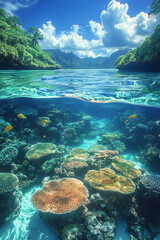 Naklejka premium Oceans with coral reefs and diverse marine life