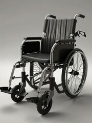 Fototapeta premium A wheelchair with black upholstery, featuring large rear wheels and footrests. It stands against a plain grey background, emphasizing its functionality and design. AI generated.
