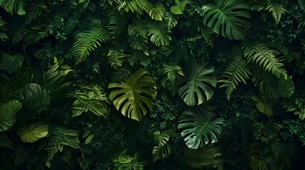 Fototapeta premium A wall of lush, verdant plants, including ferns and Monstera leaves, captured from above in high resolution