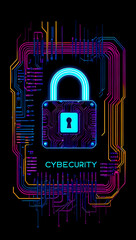 A vibrant padlock symbolizing cybersecurity with electronic circuit design illuminated in blue and purple on a dark background