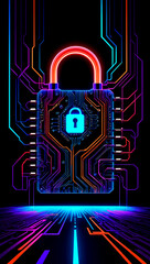 A digital padlock surrounded by colorful circuit patterns symbolizes cybersecurity in a modern technological landscape