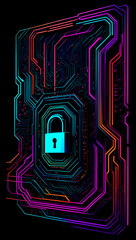A colorful digital representation of cybersecurity featuring a padlock on an abstract circuit board background illuminated by neon lights