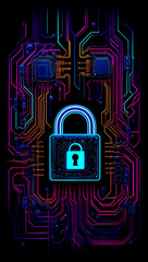 A digital padlock representing cybersecurity amidst colorful circuit board patterns in a modern technological environment