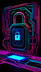 A digital padlock secured by vibrant circuitry represents the importance of cybersecurity in a high-tech environment