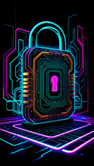 Cybersecurity concept featuring a futuristic padlock with digital circuitry on a dark background illuminated by neon colors