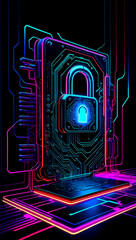 Modern digital padlock safeguarding data in an abstract cyber environment illuminated by neon lights