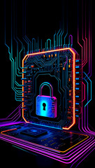 Cybersecurity concept featuring a padlock on a circuit board illuminated with neon colors, symbolizing digital protection