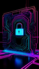 Cybersecurity padlock against a digital circuit board background illuminated with vibrant neon colors