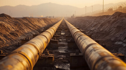 Long Stretch of Steel Pipelines Under Construction at Sunset
