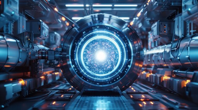 A futuristic nuclear fusion reactor in a secure high-tech facility, featuring advanced fusion technology and bright artificial lighting, incredibly detailed and intricate.