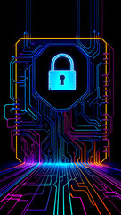 A digital padlock surrounded by colorful circuit patterns symbolizes cybersecurity in a modern technological landscape