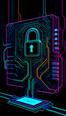 A vibrant representation of cybersecurity featuring a digital padlock amidst a network of circuits illuminated in neon colors