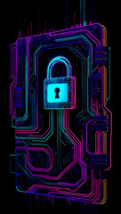 Cybersecurity concept featuring a glowing padlock against a dark, circuit-inspired background to represent digital protection and safety