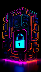 Vibrant cybersecurity representation featuring a digital padlock and circuit patterns illuminated in neon colors against a dark backdrop