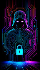 A cybersecurity illustration depicting a hooded figure surrounded by circuit patterns while holding a glowing padlock symbolizing digital protection
