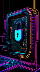 Cybersecurity padlock surrounded by intricate circuit designs in a dark environment representing digital protection methods