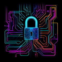 Cybersecurity concept featuring a digital padlock integrated with vibrant circuit patterns representing modern web protection