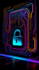 A futuristic padlock stands out against a vibrant circuit board background symbolizing cybersecurity in a digital landscape