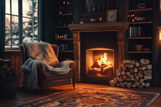 A cozy living room with a fireplace and a pile of wood, generative ai image