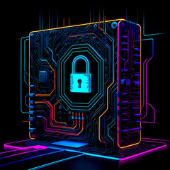 Cybersecurity concept featuring a digital padlock on a colorful circuit board in a high-tech environment