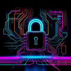 A digital padlock surrounded by colorful circuit patterns symbolizes cybersecurity in a modern technological landscape