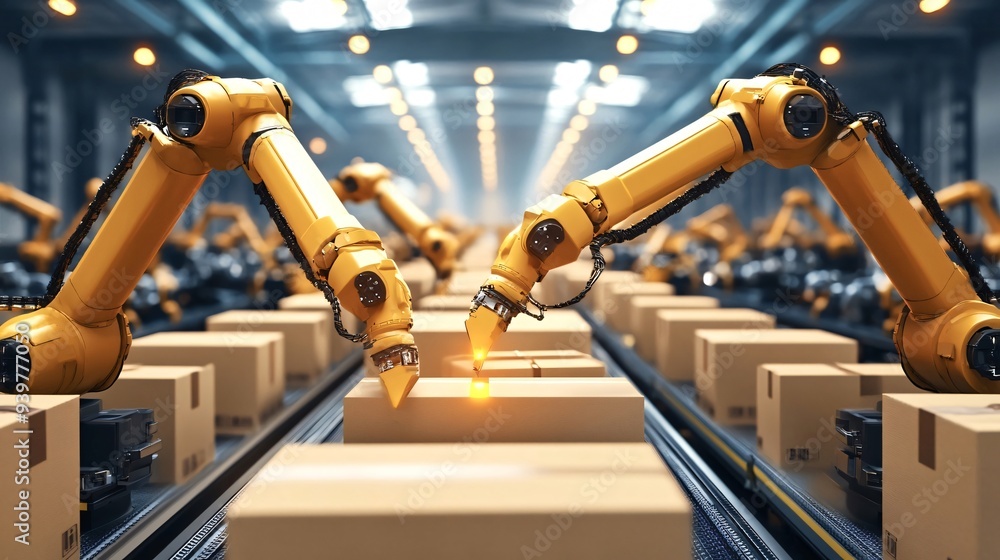 Aufkleber yellow robotic arms are sorting through packages on an assembly line in a factory. the robotic arms 