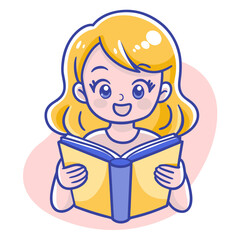 Happy Blonde Girl Reading a Book with Cheerful Expression on Pink Background