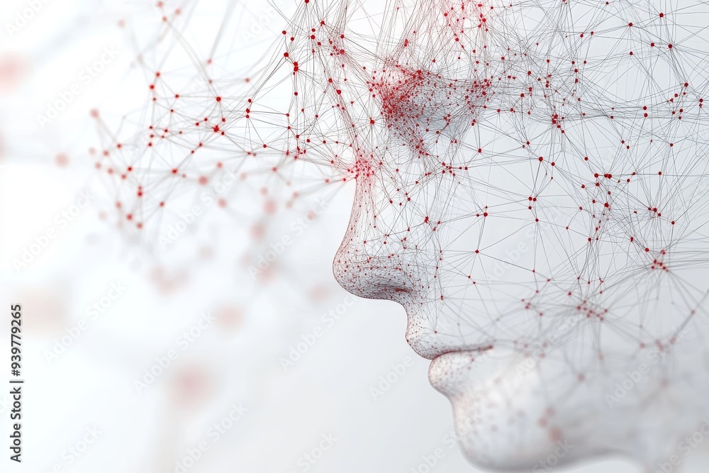 Poster profile of a face made from neural networks symbolizing the intricate connections of human thought a