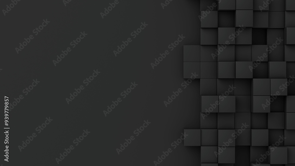 Poster black cubes with random size on dark backdrop. a place for text on the left. abstract 3d render illu