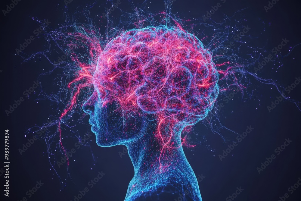 Poster silhouette of a head with intricate glowing pink neural patterns symbolizing the complexity of human