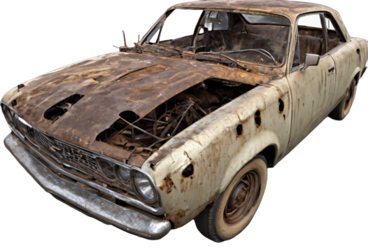 An abandoned rusted car isolated on white background with clipping path.
