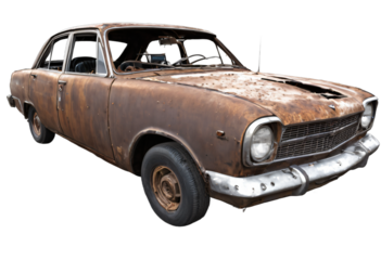 An abandoned rusted car isolated on white background with clipping path.