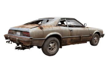 An abandoned rusted car isolated on white background with clipping path.