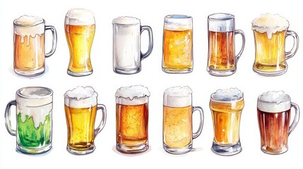 Beer mugs collection. White background. Watercolor illustrations set