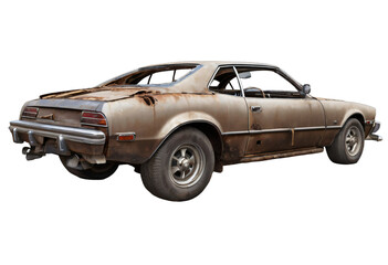 An abandoned rusted car isolated on white background with clipping path.