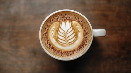   A close-up of a cup of coffee with a leaf design on the top of a cappuccino