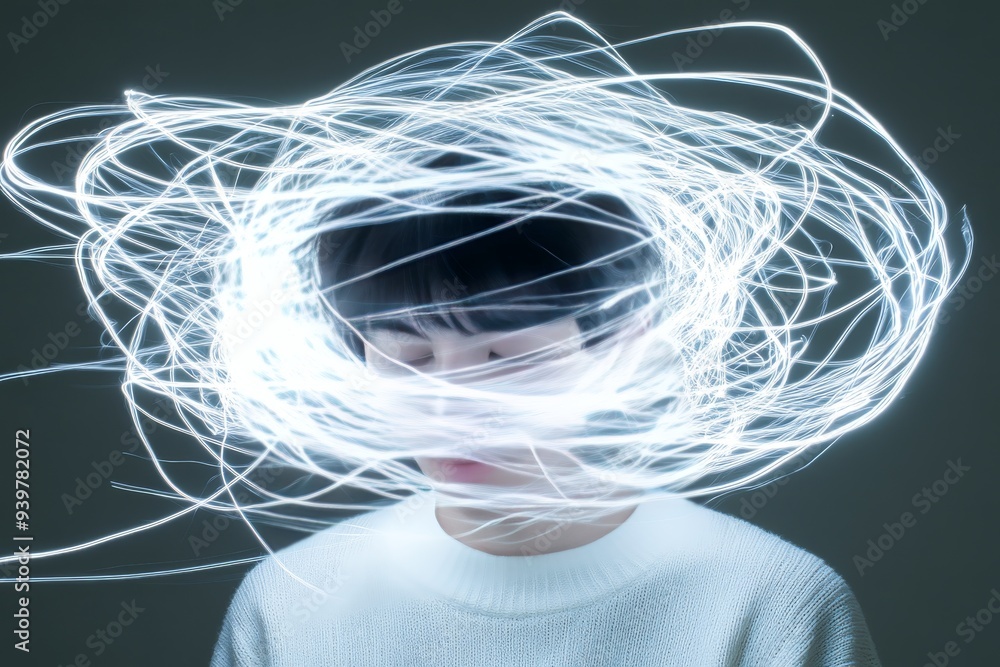 Poster profile of a person surrounded by tangled glowing lines symbolizing the complexity and confusion of 