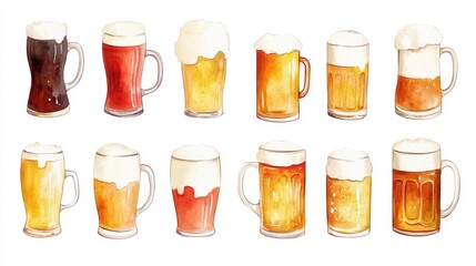 Beer mugs collection. White background. Watercolor illustrations set