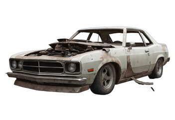 An abandoned rusted car isolated on white background with clipping path.