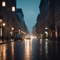 A wet, empty street in a European city on a rainy evening. Street lights illuminate the wet asphalt. Several cars drive down the street in the distance, their headlights casting a warm glow.