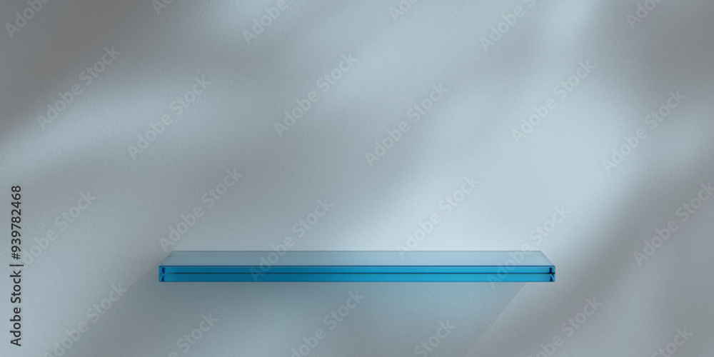 Poster white minimalist wall with glass shelf for product presentation. empty room with shadows of tree lea