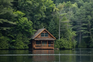 Fototapeta premium A small cabin is floating on a lake surrounded by trees, generative ai image