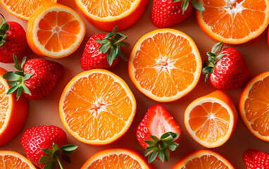 Fresh orange slices and strawberry slices on colored background