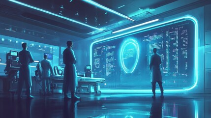A group of scientists in a futuristic lab analyze data displayed on a glowing blue digital interface with advanced technology surrounding them.

