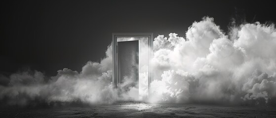 cloud entering an open door, surreal minimal abstract concept black and white