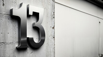 Large metallic number 13 mounted on a concrete wall next to a smooth, light surface.