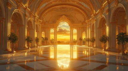 Obraz premium An opulent palace hall glowing in golden sunset light, featuring ornate arches, lavish decorations, marble floors, and lush indoor plants.
